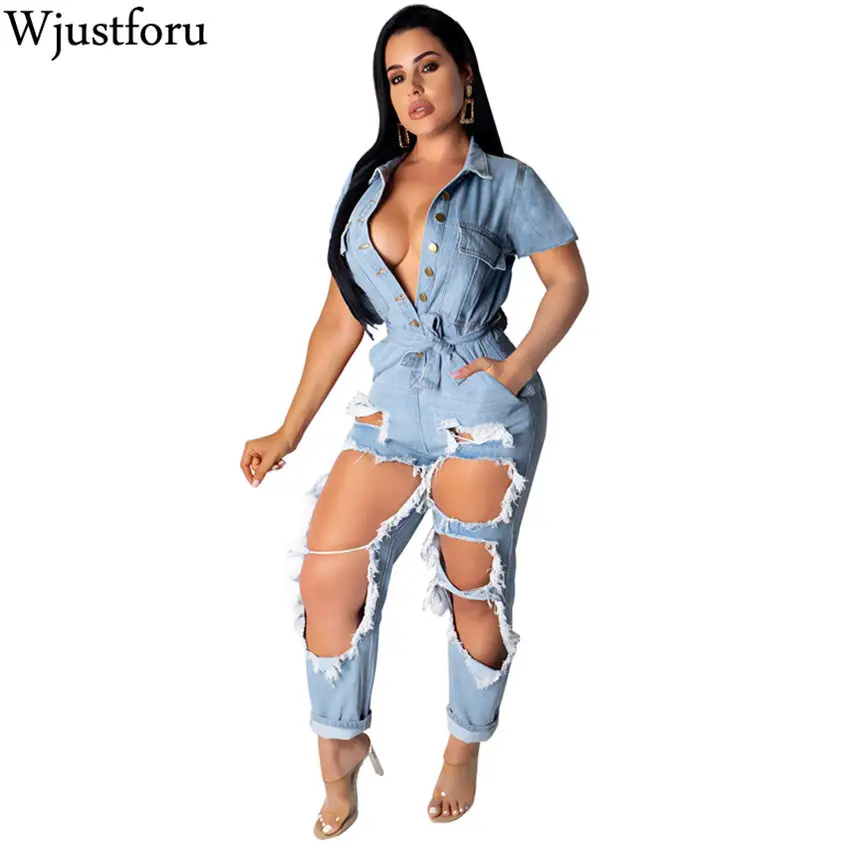 

Wjustforu Ripped Hole Denim Jumpsuit Women Deep V Neck Jeans Jumpsuit Hollow Out Button Denim Sexy Club Rompers Overalls Female
