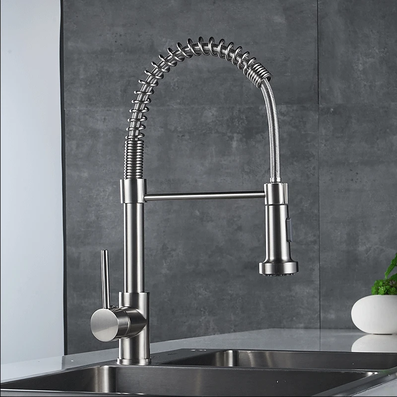  Spring Style Kitchen Faucet Brushed Nickel Faucet Pull Out Torneira All Around Rotate Swivel 2-Func - 32678162566