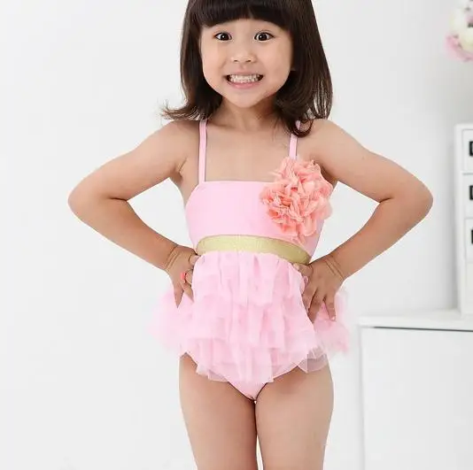 Best Offers Gauze Pink bikini piece swimsuit skirt swimming cap flower cake beachdress Girls swimsuit swimwear  Children's bikini set