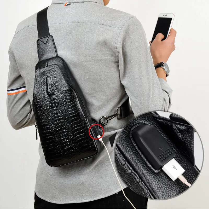 جديد أزياء الرجال حقيبة صدر للرجال حقيبة ساع جلدية USB شحن عارضة الرجال السفر حقائب كتف بنمط جلد التمساح حقيبة كروسبودي