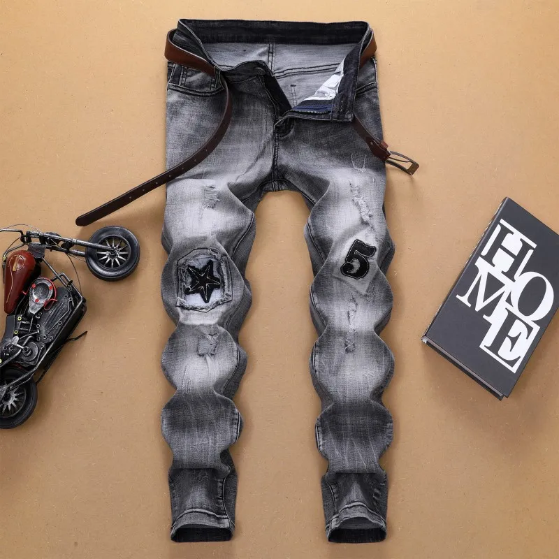 2018 Retro Europeans Style Men Patchwork Slim Jeans Washedstone Scratched Personal Man Casual Quality Street Club Amazing Jean