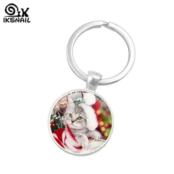 

IKSNAIL Christmas Cat Time Gemstone Key Chain Pendant Cold Old Man Reindeer Key Rings Glass Dome Keychain Creative Accessories