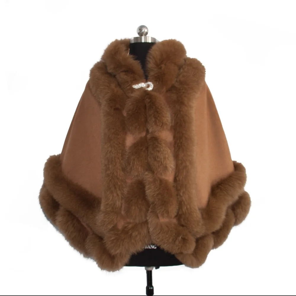 Двойной витой бренд Fox Fur Trim кашемировое пончо для леди