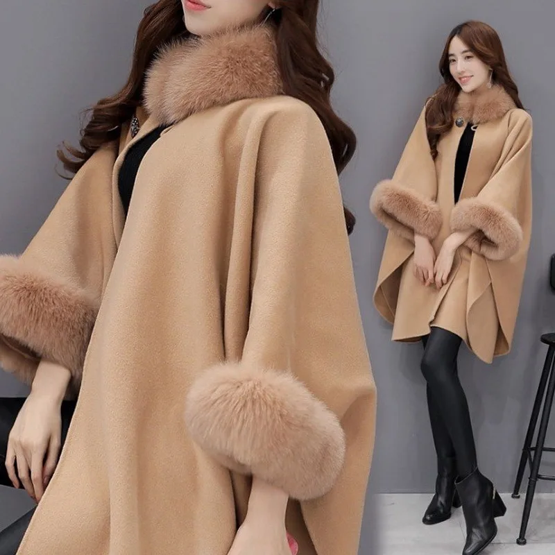 

2019 New Fashion Women Winter Woolen Overcoat Fur Collar Sleeves Cloak Loose Irregular Hem Coat BS88
