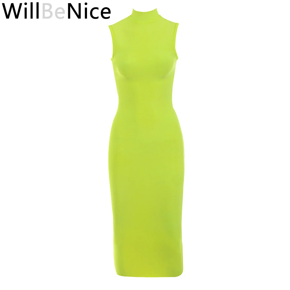 WillBeNice летнее женское платье без рукавов с высокой горловиной облегающее женское Бандажное платье Клубные вечерние платья знаменитостей - Цвет: Зеленый