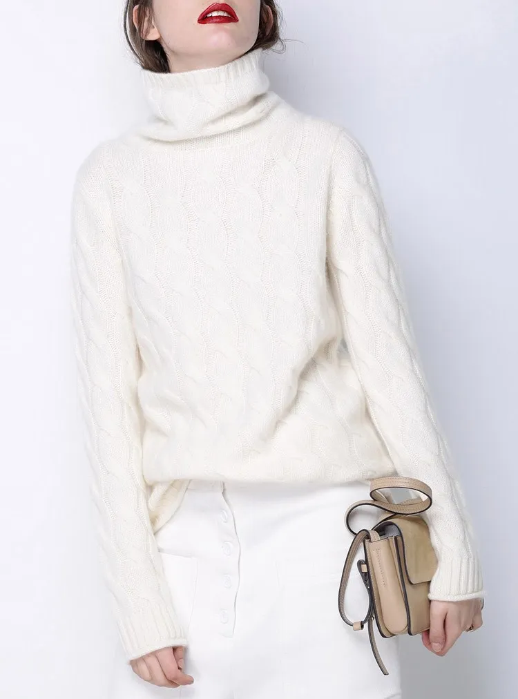 Women High Collar 100% Pure Cashmere Sweater Female Thick Sweater 2017 New Twist Pattern Bottoming Winter Warm Sweater Pullover Sweaters