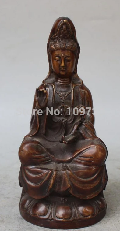 

002261 9" Marked Bronze Seat Lotus Kwan-yin Bodhisattva Goddess Ruyi Statue