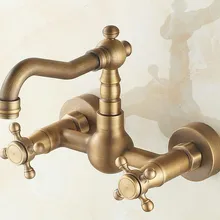 Античный латунный настенный двойной кран с ручкой для кухонной раковины Смеситель с поворотным изливом Csf002