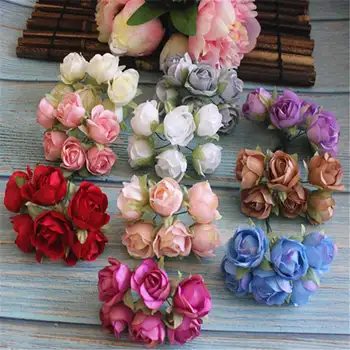 1 bunch of 6 PCS handmade mini silk roses bouquet artificial flower wedding decoration DIY wreath clip art fake flower decoratio