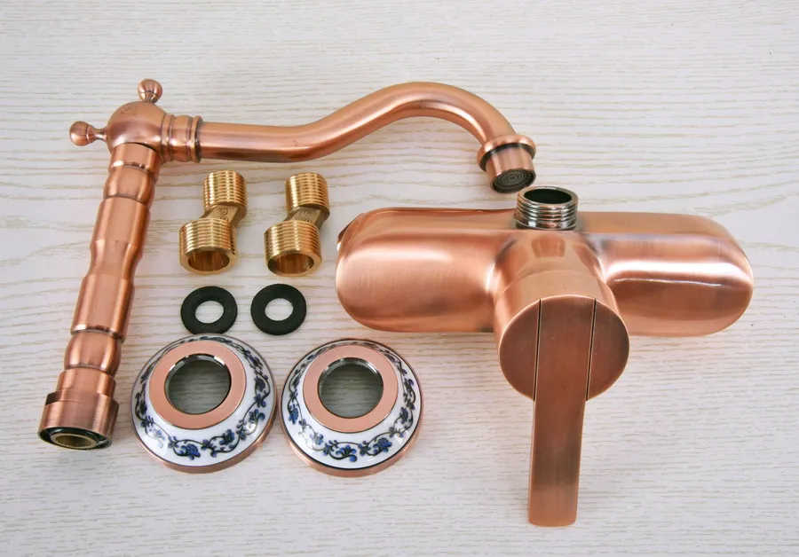 Antique Red Copper Brass Wall Mounted Bathroom Kitchen Sink Faucet Swivel Spout Mixer Tap Single Handle Lever anf939