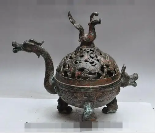 

S5393 Ancient Chinese dynasty pure Bronze dragon Phoenix statue incense burner Censer