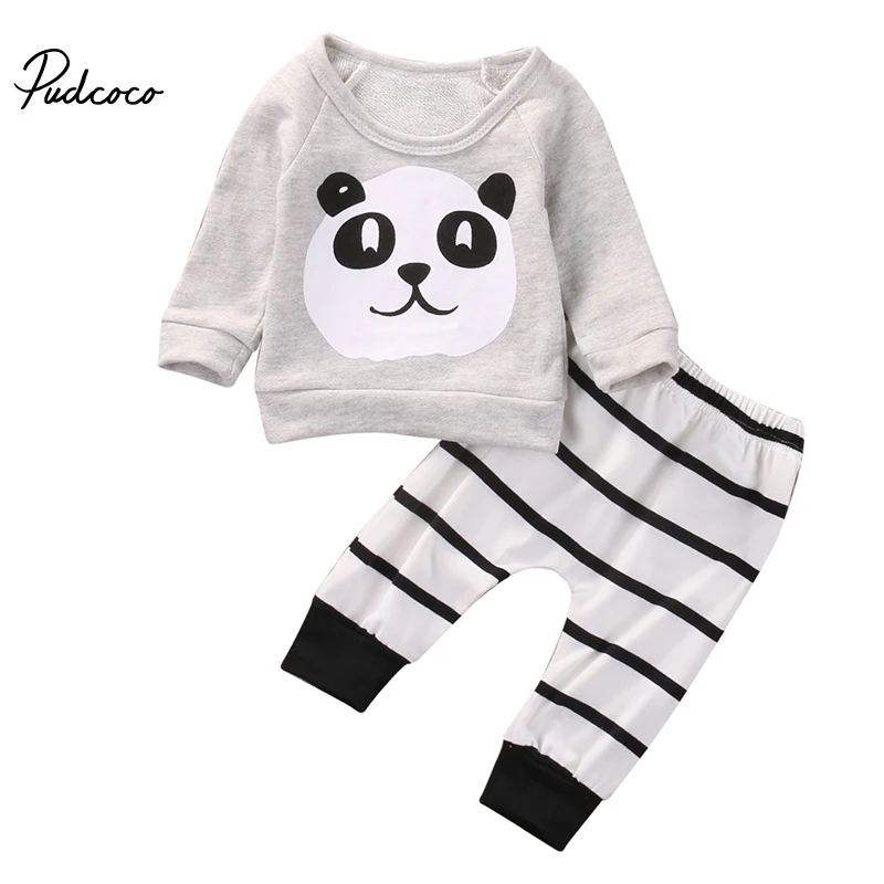 

pudcoco New born Infant Baby Boy Girl cute panda printed Long Sleeve T-shirt+striped Pants bebe kids cotton Outfit Clothes set