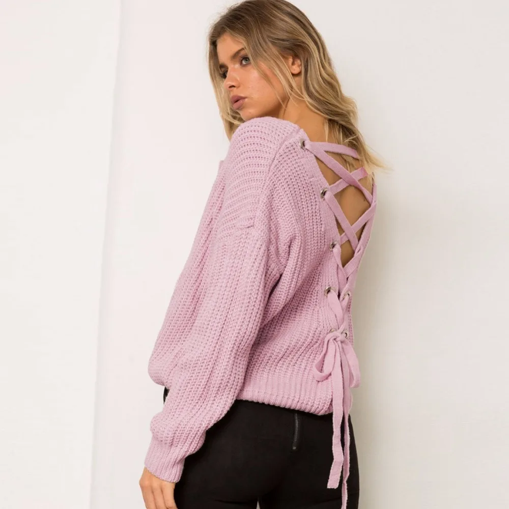 

Solid Lace Up Sweater Women Korean Pullovers Loose Long Sleeve Pullover Knitting Autumn Winter Clothes Women Sueter Mujer C89019