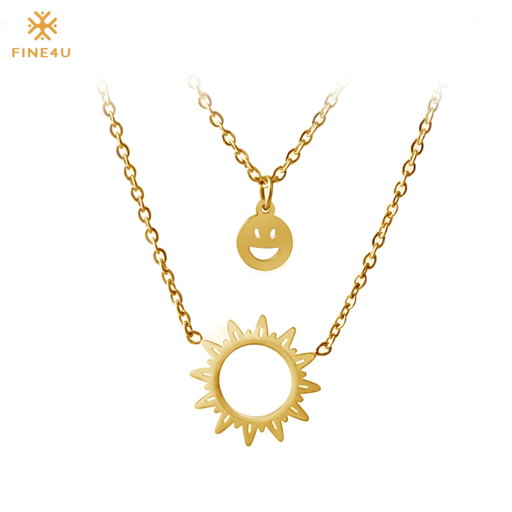

FINE4U N112 Double Layer Sun Pendant Necklace 316L Stainless Steel Choker Necklaces For Women 2019 Gold Collier Jewelry