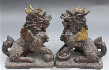 

bi001259 7"Chinese Bronze Gilt Wealth Fly Dragon Kylin Chi-lin Unicorn Pi Xiu Statue Pair