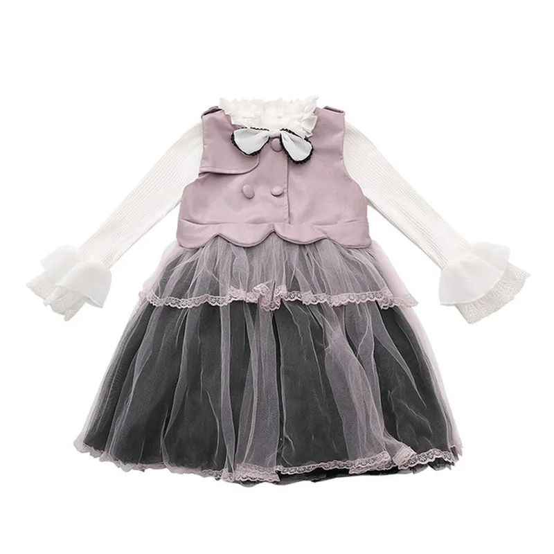 

Vest button coat girl mesh dress 2019 autumn and winter girls trumpet sleeves shirt lotus collar costume children's dress