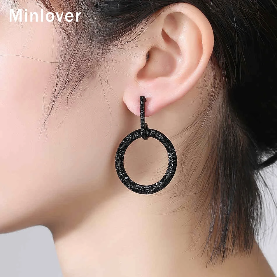 Minlover, стразы, минималистичные большие круглые Висячие серьги для женщин, черные висячие серьги с кристаллами, свадебные ювелирные изделия MEH1453