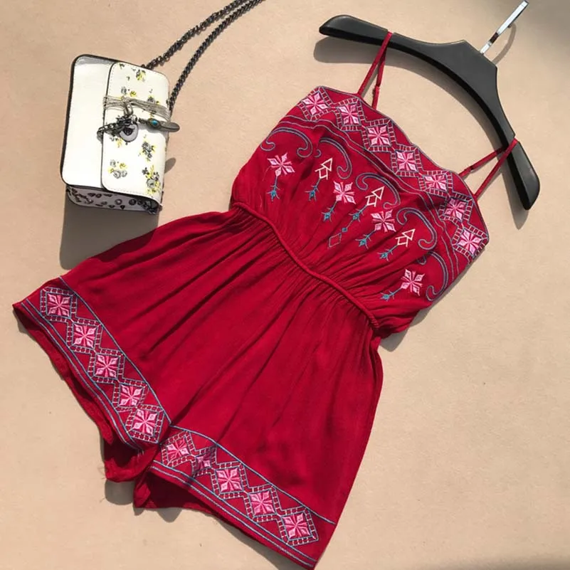 

Women Rompers New 2018 Summer Geometric Pattern Vintage Embroidery Jumpsuits Woman Bohemian Beach Holiday Shorts Playsuits