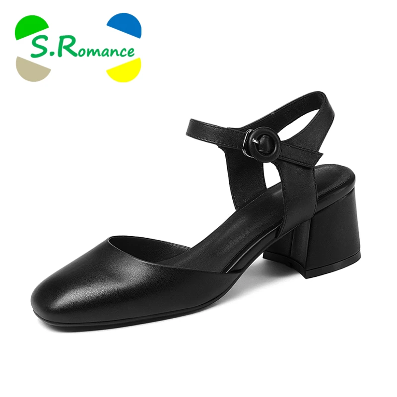 

S.Romance Women Sandals Genuine Leather Fashion Buckle Strap Med Heel Office Lady Pumps Woman Shoes Black Beige SS987