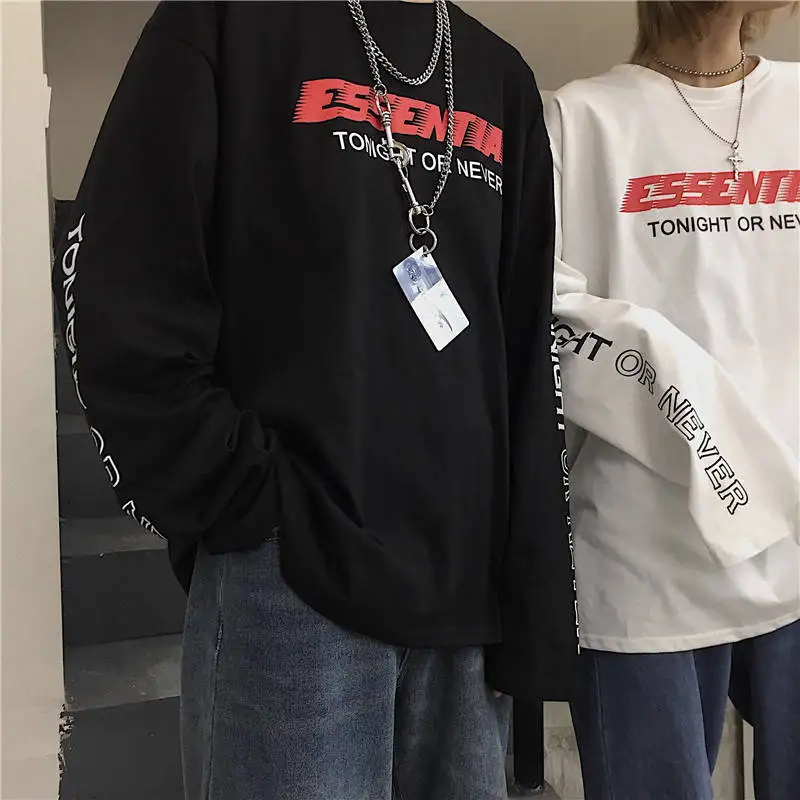 Beste Mode 2019 Brief Print Japan Harajuku Zwart Wit Hip Hop Tshirt Streetwear Mannen Vrouwen Paar Lange Mouwen Losse T shirt grappig