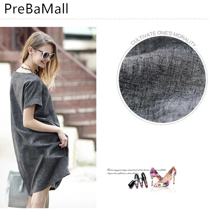 2019 Fashion Summer Dress Women Solid Linen Elegant Short Sleeve Loose Loose Dresses Grey Streeetwear Vestidos Hot Sale C193