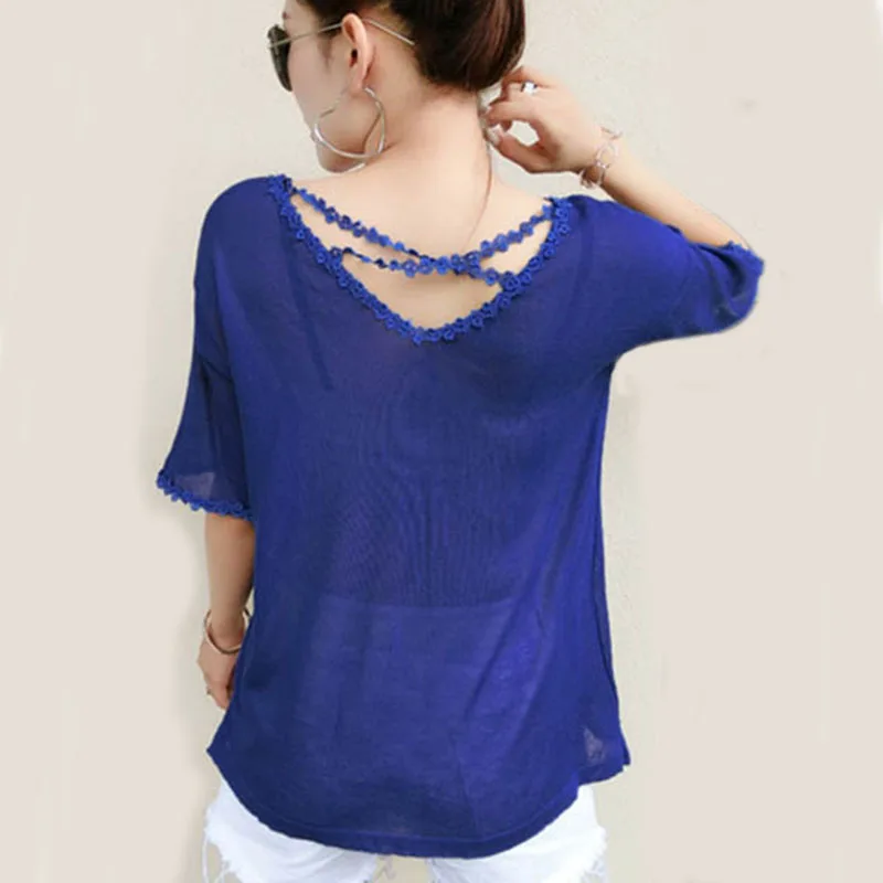 Summer Hollow Knitted Woman Short Sleeve Lace Flower V Neck Pullover Sweater Female Tops Elastic Loose knitting 2019 Spring New
