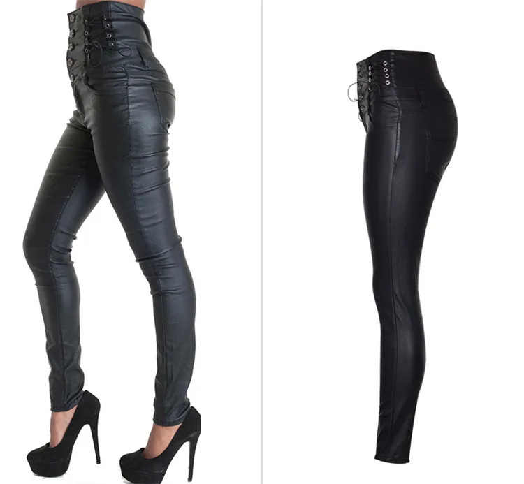 Stretch jeans stretch jeans for women's wear ultra high waist strap decorative coating leather stretch jeans PU large size (2)