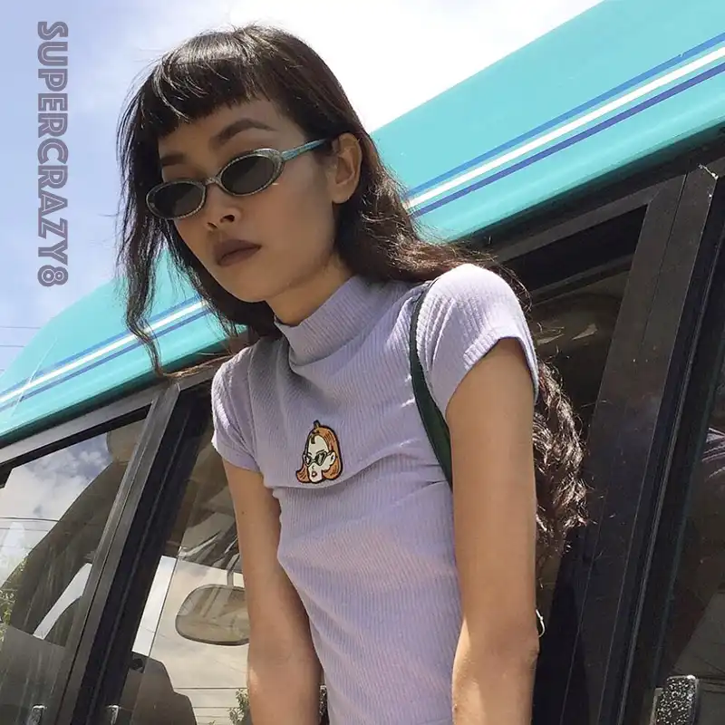 In Lazy Oaf Harajuku Cartoon Cropped Sweater Embroidered Purple High Collar Top Short Sleeved Pullover Pullovers Aliexpress