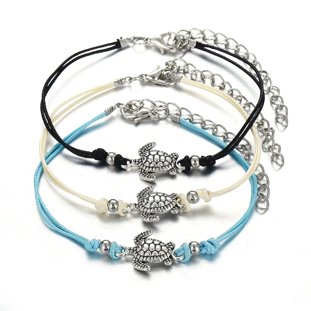 

3 pieces/set Female Boho Sea Tortoise Bracelet Adjustable Leather Chain Ankle Charm Bracelets For Women Jewelry Beach Gifts