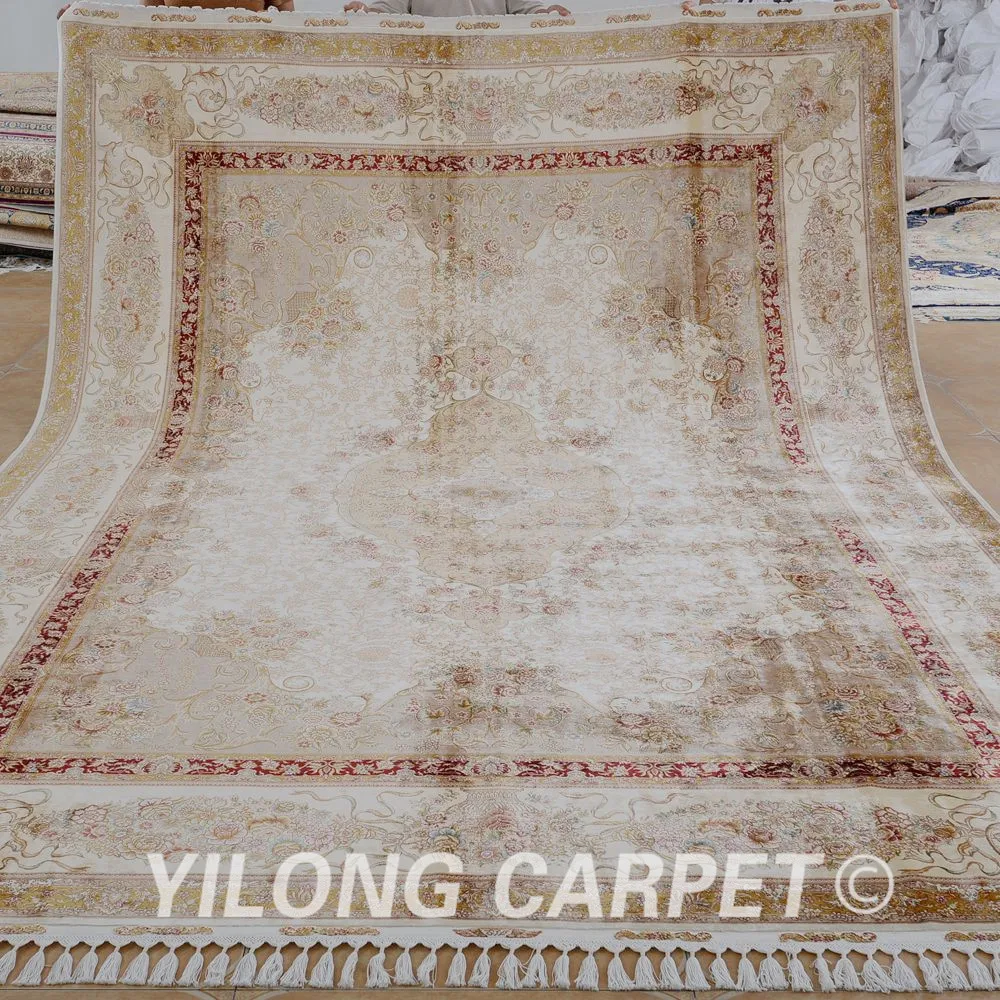 

Yilong 8.5'x11.8' Handmade silk rug oriental large antique beige turkish carpet (1584)