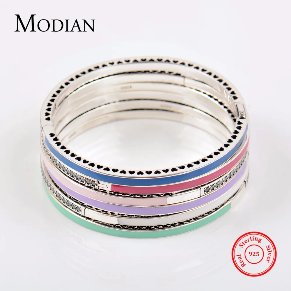 

MODIAN Authentic 100% Solid 925 Sterling Silver Bracelet Fashion Chain Green Blue Enamel Bangle Cubic Zirconia Luxury Jewelry