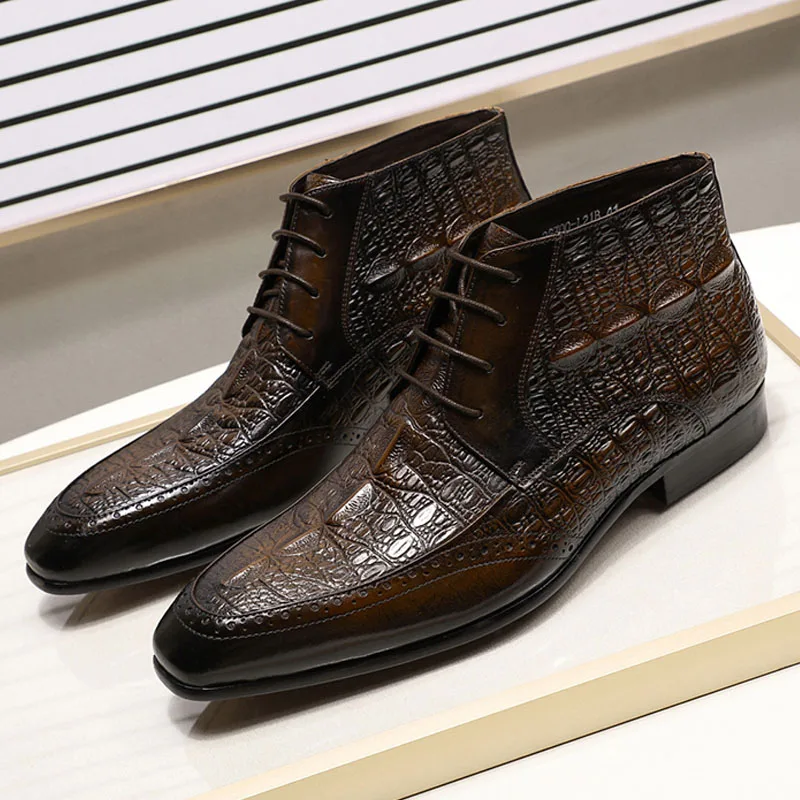 Мужские ботильоны в стиле рок из натуральной кожи с узором «крокодиловая кожа»; удобные Мужские модельные туфли на шнуровке; Цвет черный, коричневый