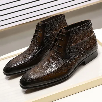 

2019 Rock Style Mens Ankle Boots Genuine Leather Crocodile Pattern Comfortable Black Brown Lace Up High Top Men's Dress Shoes