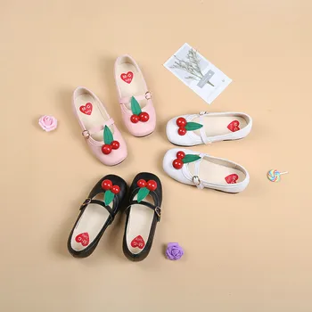 

2019 New Baby Girls Leather Shoes with Cute Cherry Solid Colors Princess Flats Moccasins Slip on Pink White Black Size 26-30