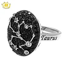 Hutang Steampunk 925 Sterling Silver Rings for Women Taurus Constellation Genuine Black Spinel White Topaz Gems Finger Ring Gift