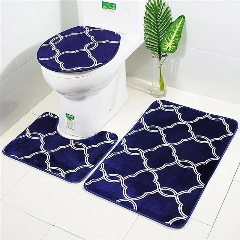 3 в 1 Набор ковриков для ванной комнаты с рисунком фонаря, Противоскользящий коврик для ванной комнаты, контурный коврик, крышка для сиденья унитаза - Цвет: Navy Blue