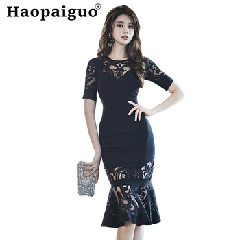 

Plus Size Trumpet Lace Patchwork Black Dress Women Short Sleeve Trumpet Midi Dress Women Perspective Dresses Woman Party Night