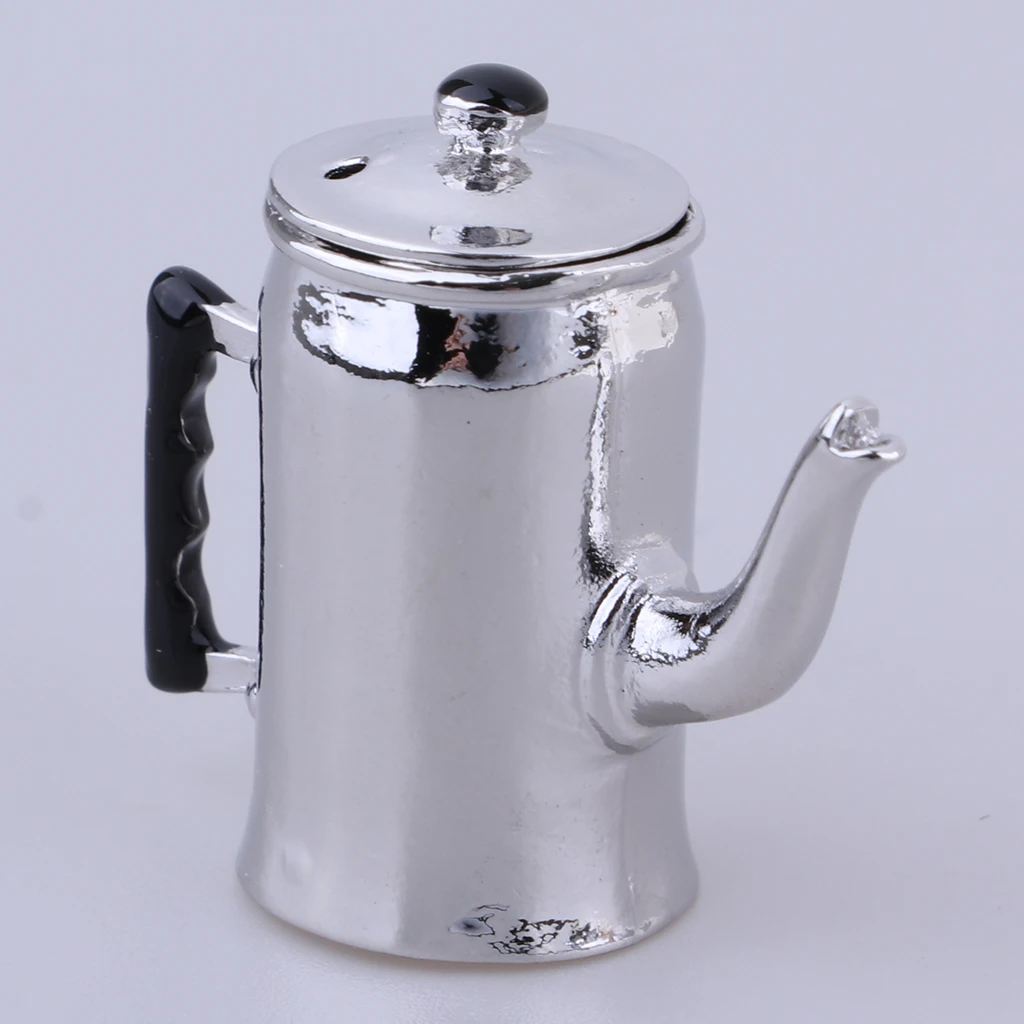 1/12 Miniature Tea Kettle Dollhouse Miniature Milk Pot Toys Alloy Water Kettle Model Kitchen Cookware Accessory Silver