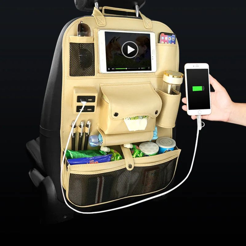Автомобильный органайзер для хранения спинки сиденья, дорожная подвесная сумка с 4 USB интерфейсом, автомобильный держатель для хранения из искусственной кожи, автомобильные аксессуары