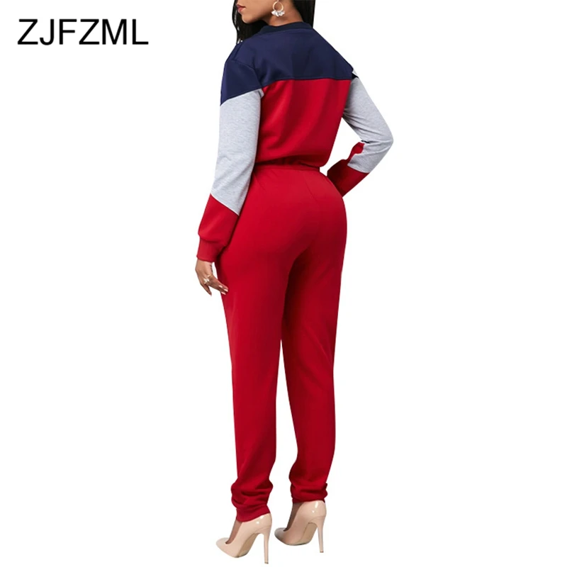 Contrast Color Casual Rompers Womens Jumpsuit Women Long Sleeve Front Zipper One Piece Overall Winter Pockets Plus Size Bodysuit