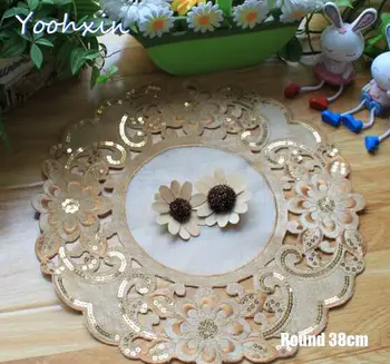 

Round lace gold sequin table place mat pad Cloth embroidery placemat cup mug Christmas tea coffee coaster dining doily kitchen