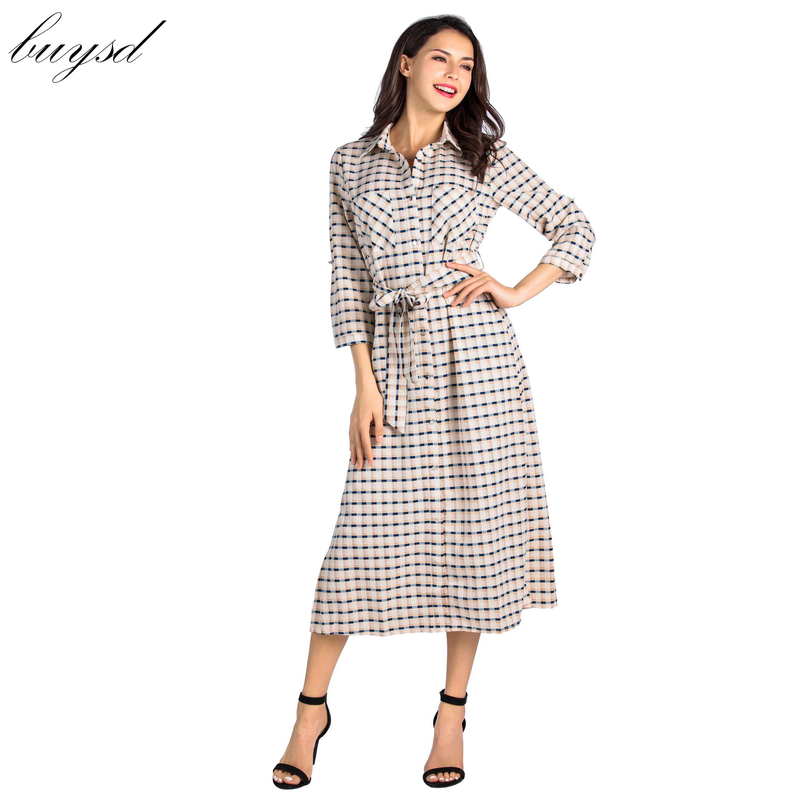 

Latest model BUYSD 2019 Women Vintage Boho dresses Paid 3/4 Sleeve Lapel Collar Button Belt Casual women summer bohemian Dress