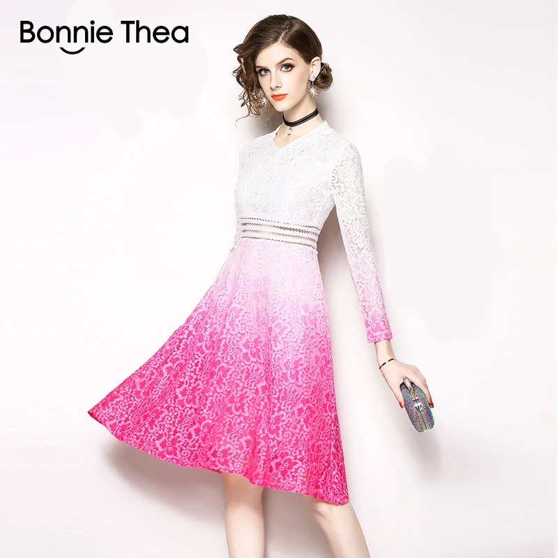 Bonnie Thea винтажное осеннее женское голубое кружевное платье vestido однотонное