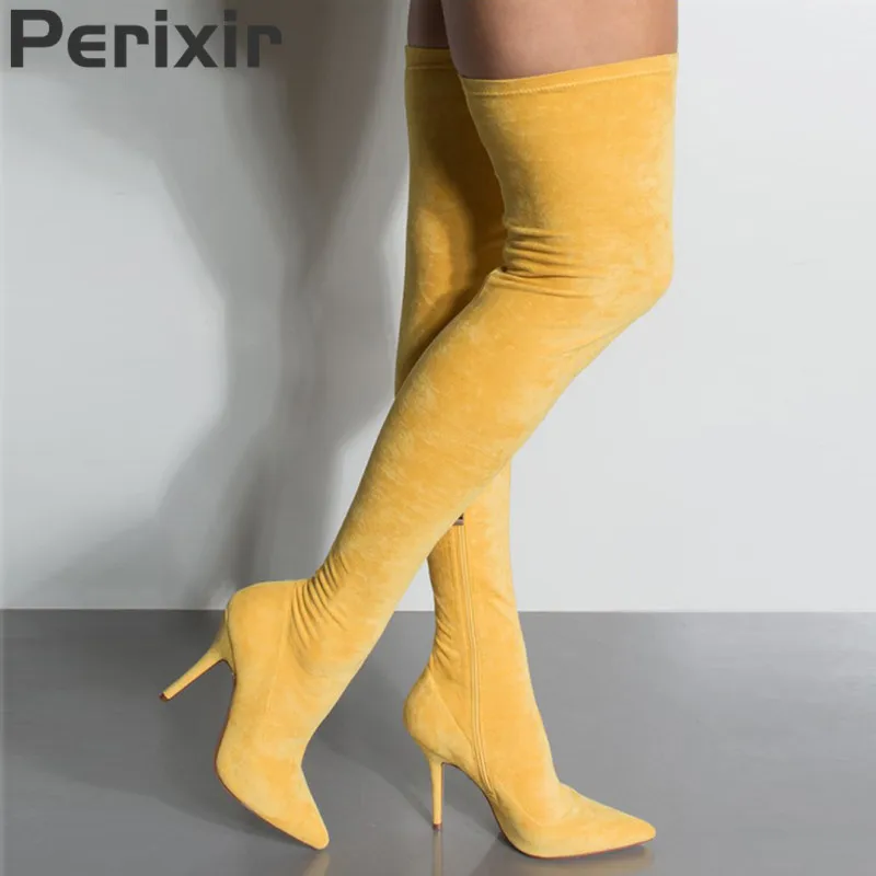 Bottes Perixir Tissu Mode Cm Bout Talons Genou Le 11 Hiver Noir Pointu Femmes De Sur Hautes Lycra Coton Mince jaune bleu xrTtwA0qrf