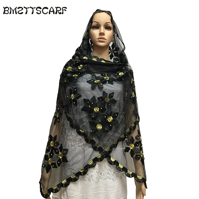 

African Scarfs Small Szie Net Scarf 2.1*0.5 meter with Beads headscarf for shawls BM640