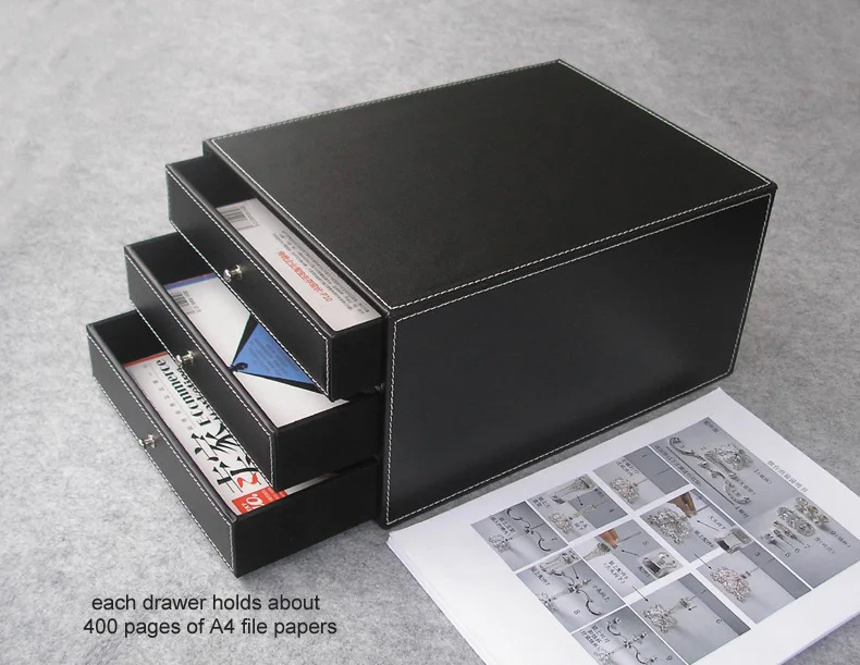 3-слойный 3-ящиком деревянная конструкция кожаный стол картотечный шкаф для хранения ящиков офисный Органайзер документ контейнер черный PWJG004