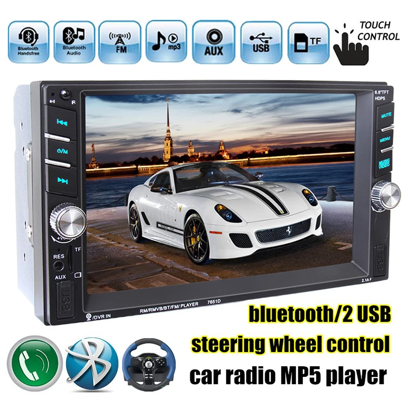 6.6 inch HD 2 Din MP5 MP4 Player Touch screen Car FM Radio stereo Bluetooth support rear camera 2 USB port FM #94629