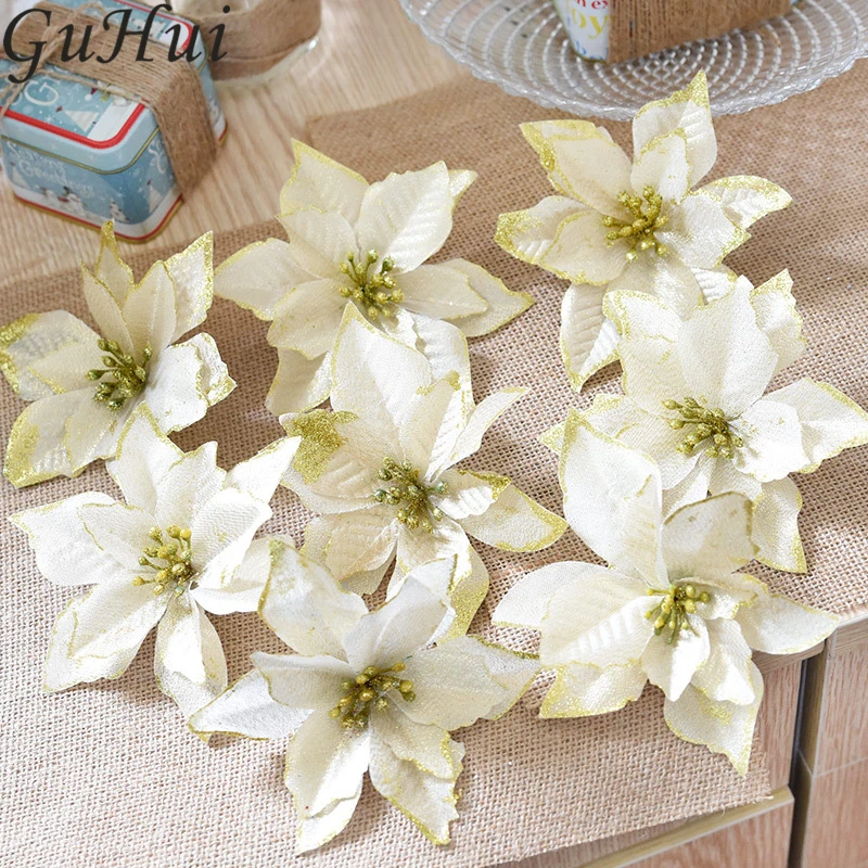 8pcs Colorful Artificial Flowers Christmas Tree Ornament Gold Silver Sticky Powder Flower New Year Home Party Hanging Prop Decor | Дом и сад