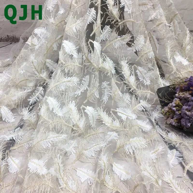 QJH 1 ярд 91*130 см белая розовая синяя африканская кружевная ткань с перьями вышитая французская органза кружевная ткань для творчества