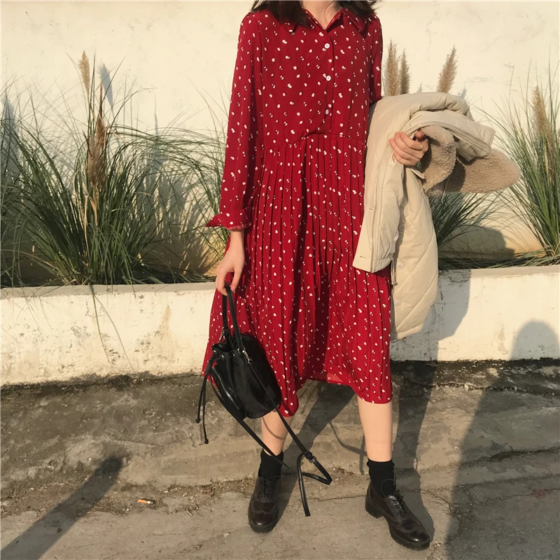 

Polka Dot Long Dress for Women Long Sleeve Single Breasted Loose Vintage Korean Casual Female Robe Femme Plus Size Pleated Dress
